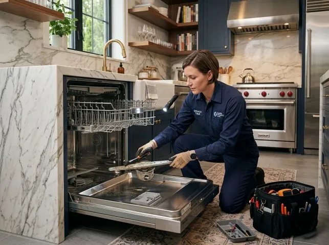 Appliance Repair Hero technician servicing a built-in dishwasher in a Bessemer City, NC kitchen