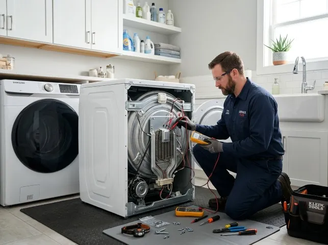 Appliance Repair Hero technician checking a dryer heating element with the rear panel off in Bessemer City, NC