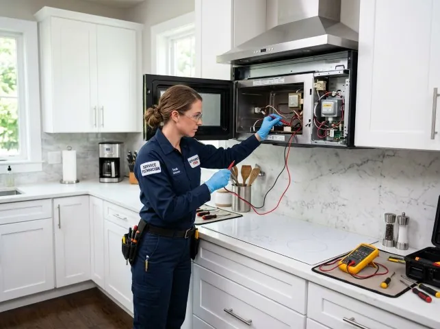 Appliance Repair Hero technician testing an over-the-range microwave in a Bessemer City, NC kitchen