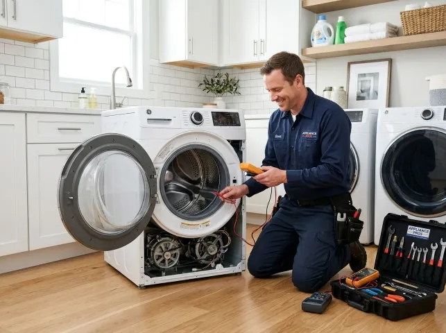 Appliance Repair Hero technician testing a front-load washer with a multimeter on a Bessemer City, NC service call